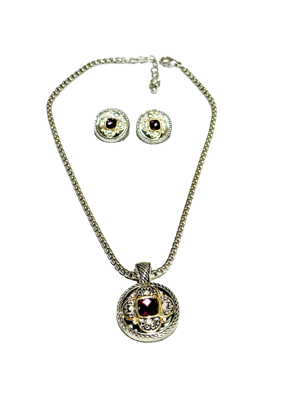 Fashion Jewelry Set Silver & Gold Necklace Pendant Pierced Earrings Purple Stone